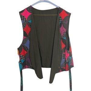 Vintage Design Patchwork Quilted Vest Art 80s Geometric Pattern Vest Tie String
